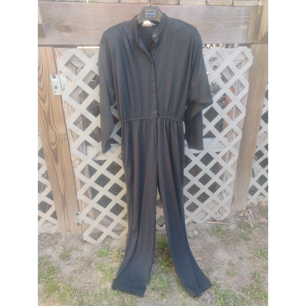 Vintage Black Jumpsuit Women Size 13 Button Front High Waist Minimalist Retro 80